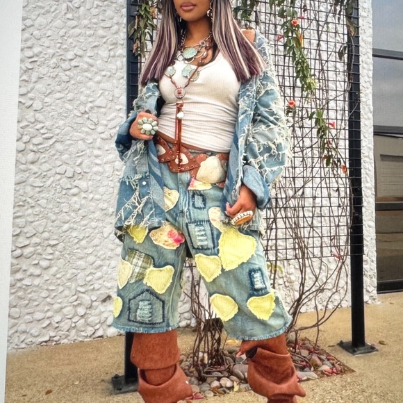 Blue Velvet Denim - Blue Velvet Patchwork Denim Shorts/Jorts with Heart Accents
